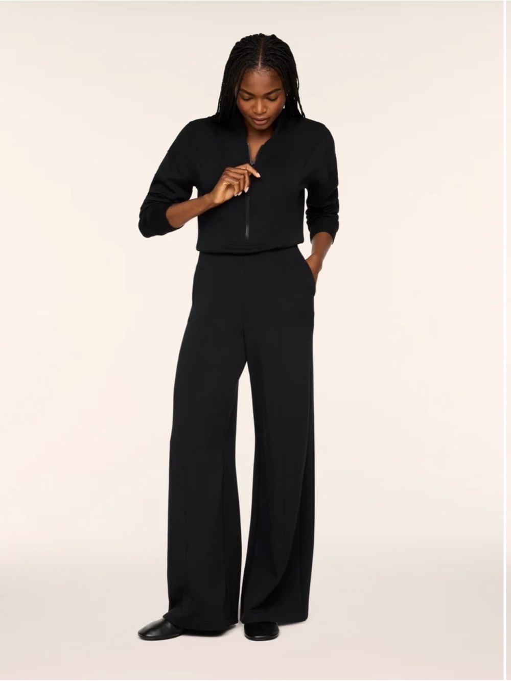 SPANX Black Wide-Leg Zip-Front Jumpsuit - Size Large Petite
